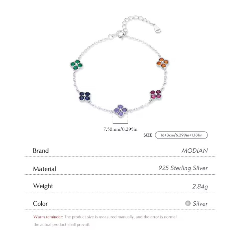 925 Sterling Silver Multicolor Clover Bracelet