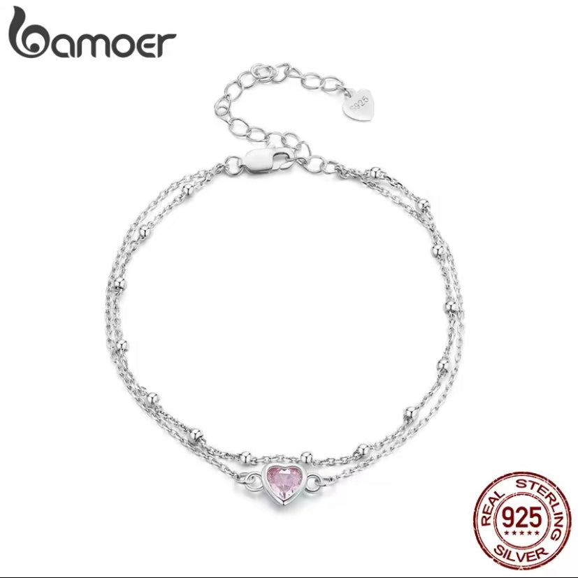 925 Sterling Silver Pink Heart Bead Bracelet