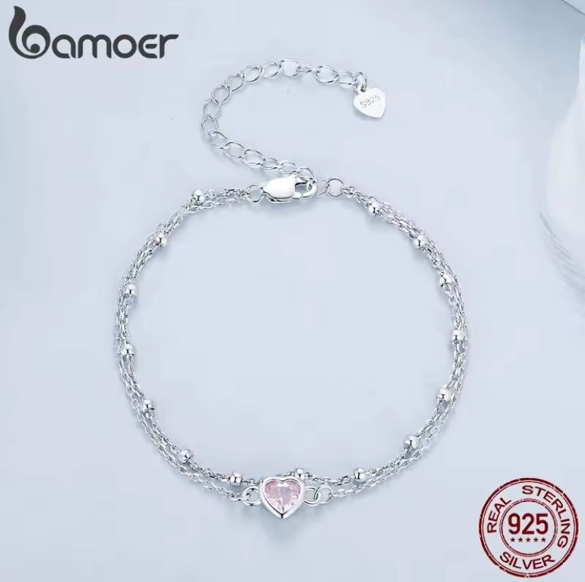 925 Sterling Silver Pink Heart Bead Bracelet