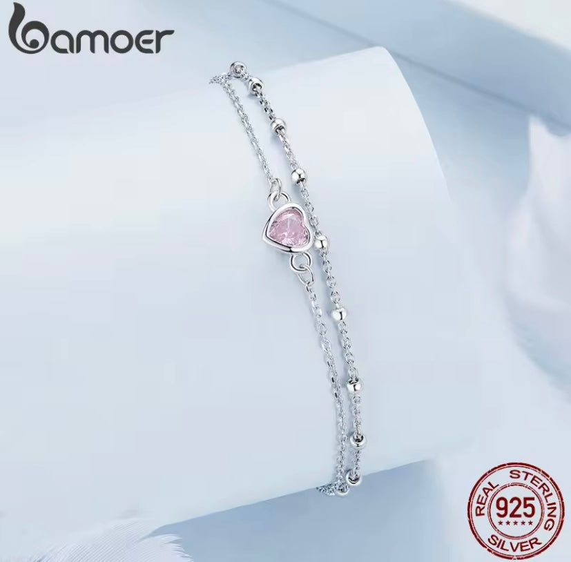 925 Sterling Silver Pink Heart Bead Bracelet