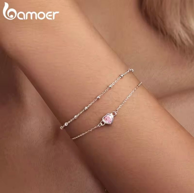 925 Sterling Silver Pink Heart Bead Bracelet